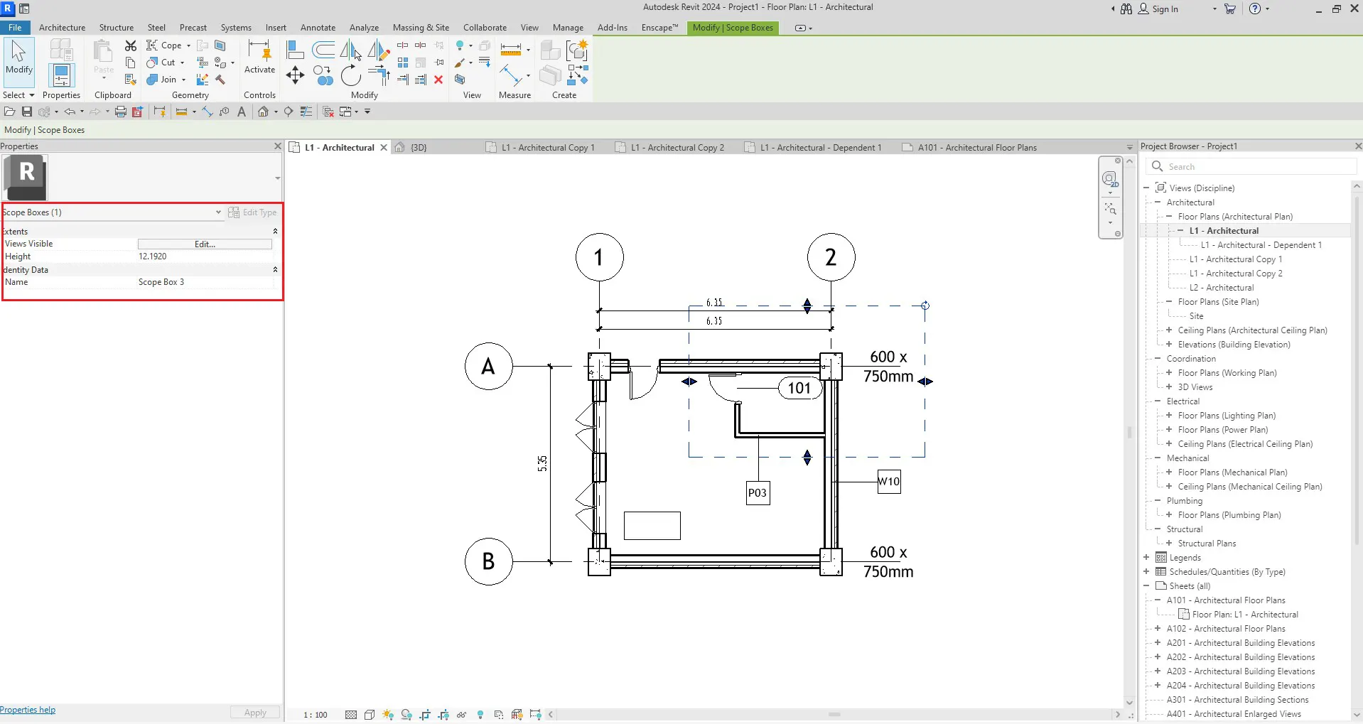 تنظیم ابعاد و مکان Scope Box ابزار Scope Box در رویت