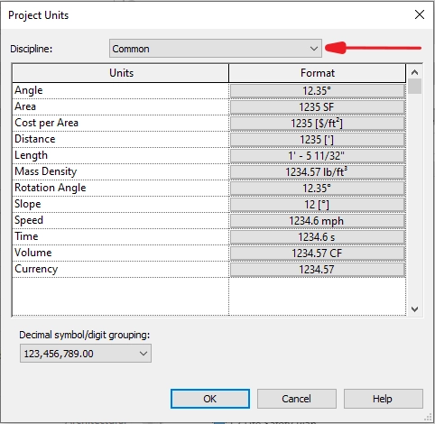پنجره Common در تنظیمات Project Units
