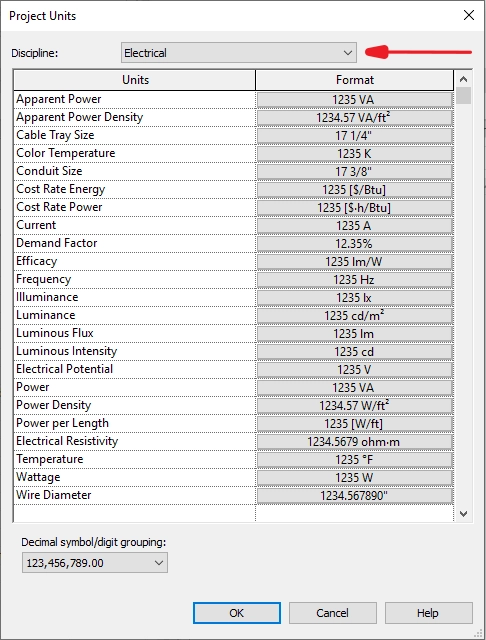 پنجره Electrical در تنظیمات Project Units