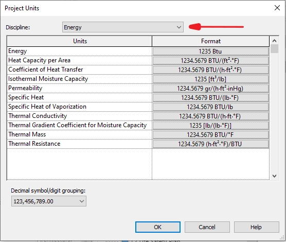 پنجره Energy در تنظیمات Project Units