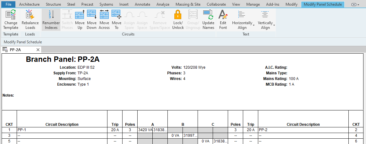 Modify Panel Schedule tab circuit editing command