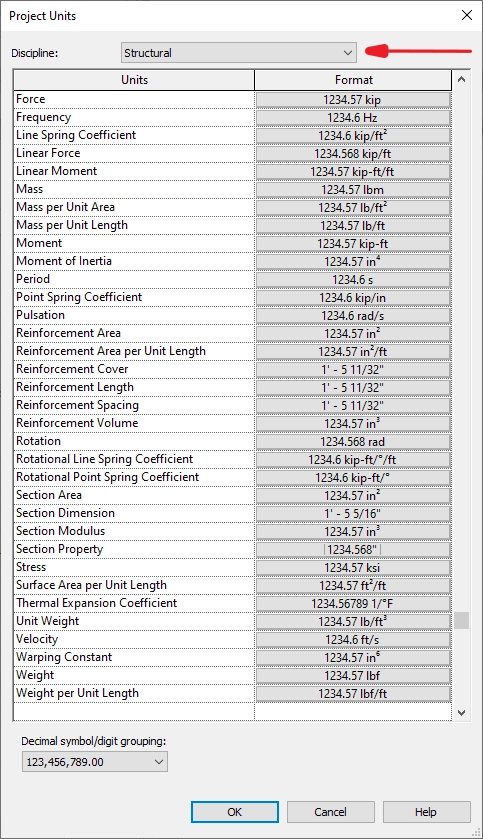 پنجره Structural در تنظیم واحدها