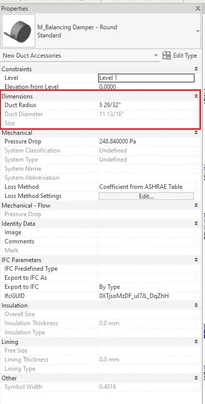 Dimensions (ابعاد) در تنظیمات Properties برای Duct Accessory