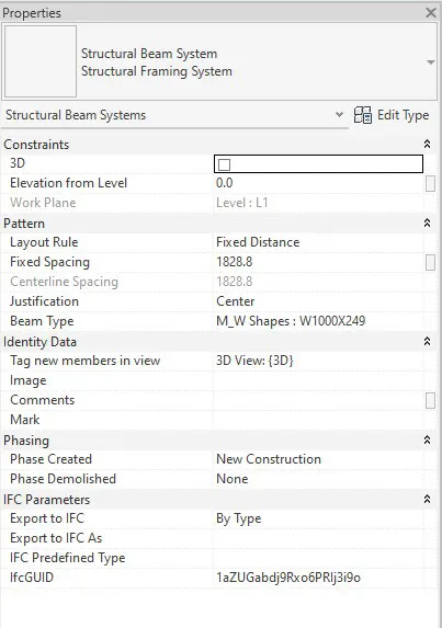 تنظیمات Instance Properties برای Beam System در رویت