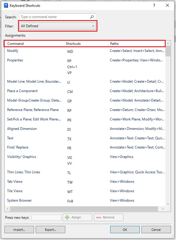 پنجره Keyboard Shortcuts