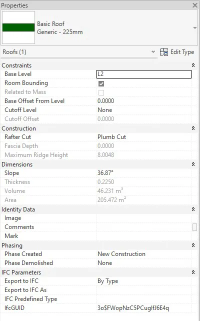 تنظیمات Properties برای Roof by Footprint-Basic Roof