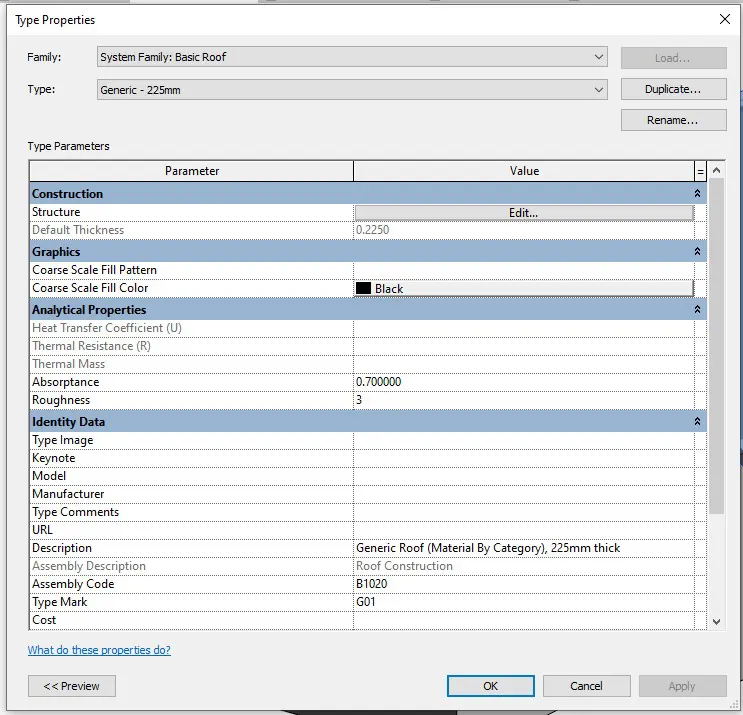 تنظیمات Properties-Edit Type برای Roof by Footprint-Basic Roof