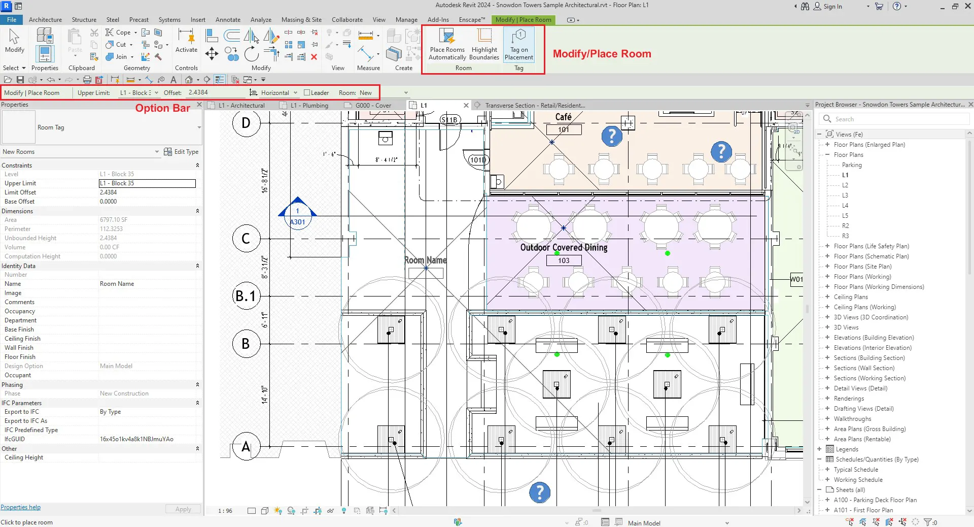 تب Modify/Place Room و نوار Option Bar