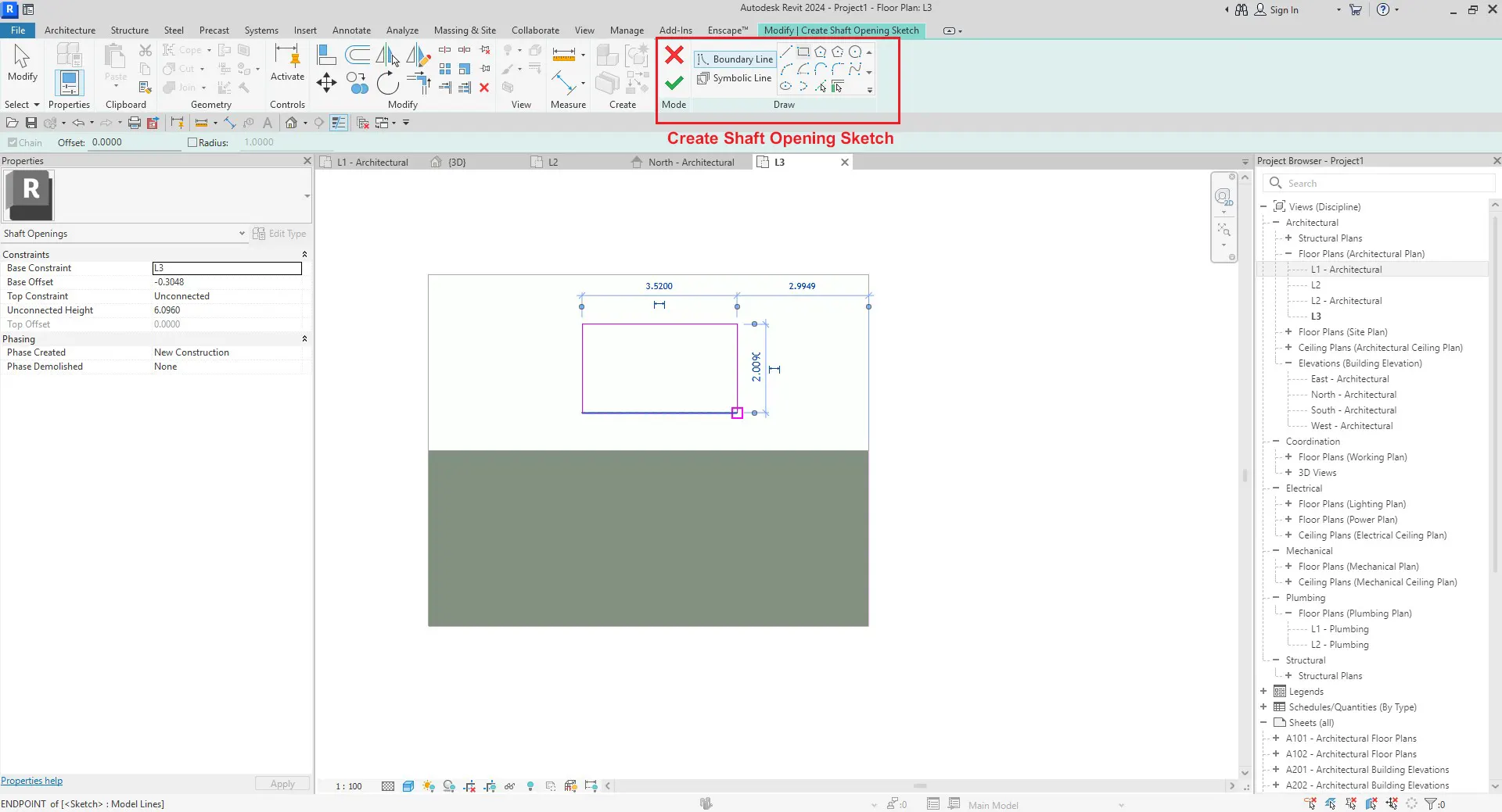 تب Modify / Create Shaft Opening Sketch