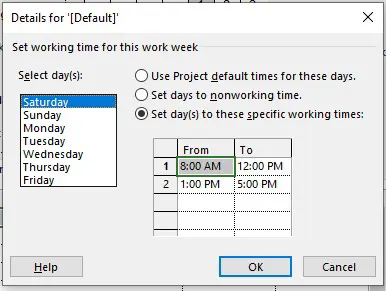 Set days to these specific working times در MSP