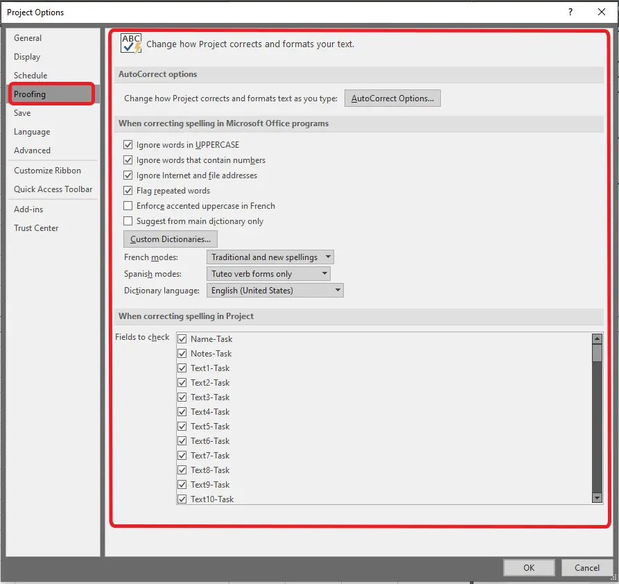 options بخش تنظیمات Proofing
