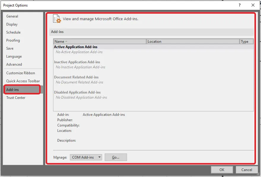 بخش تنظیمات Add-ins از options - تنظیمات add-ins در نرمافزار MSProject