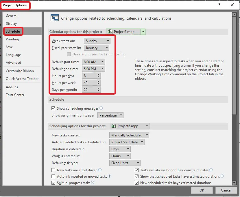 قسمت options - Schedule - Calendar options for this project