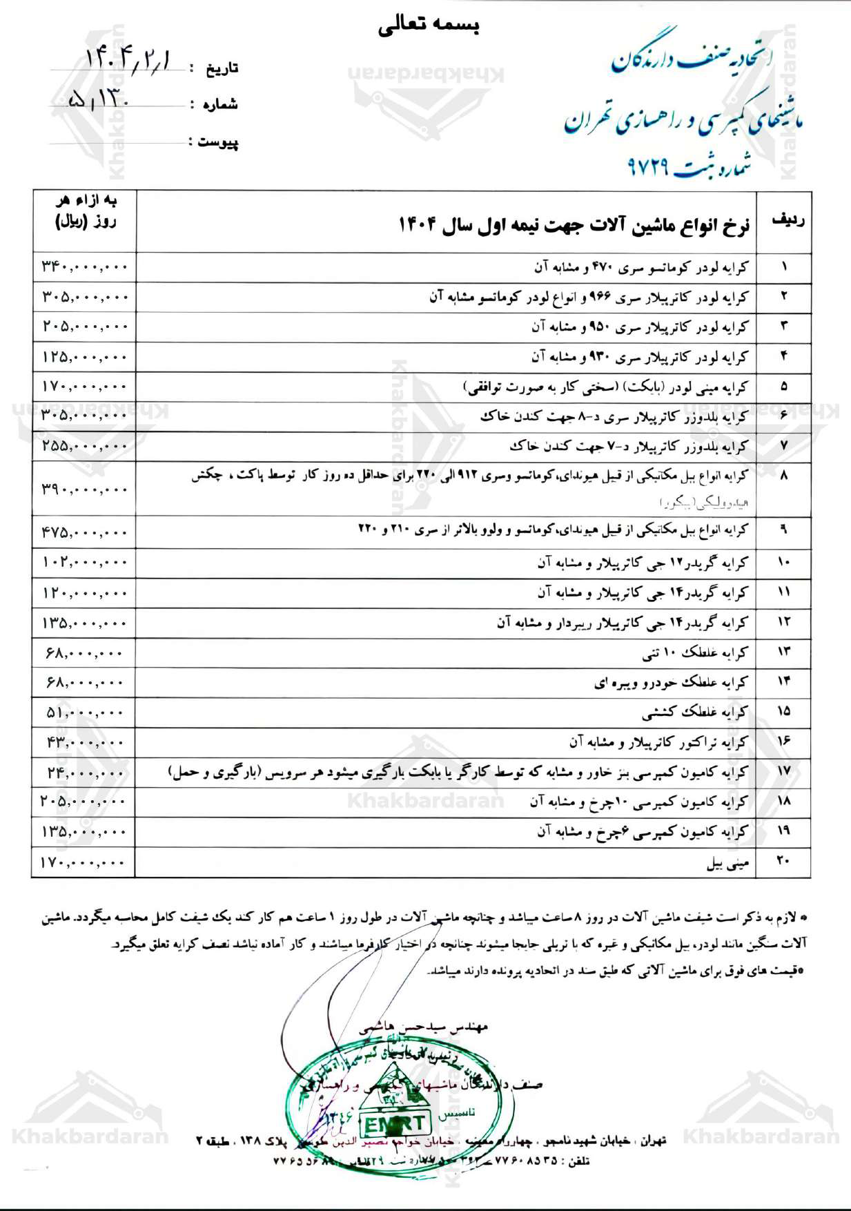 تعرفه خاکبرداری طبق لیست اتحادیه صنف دارندگان ماشین های کمپرسی و راهسازی تهران